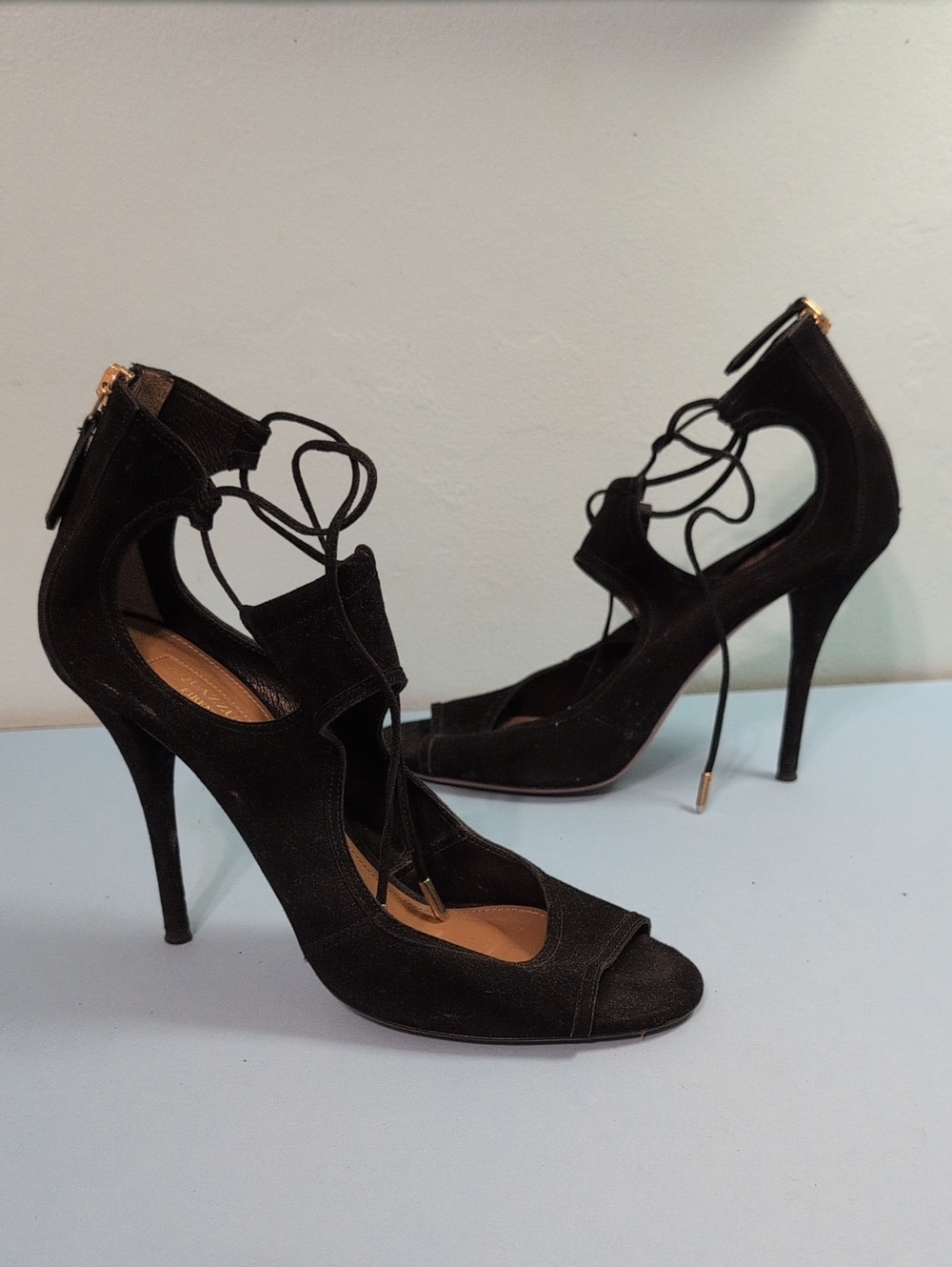 Aquazzura Black Suede Lace-Up Stiletto Sandals, Size 39.5 (US 9.5)